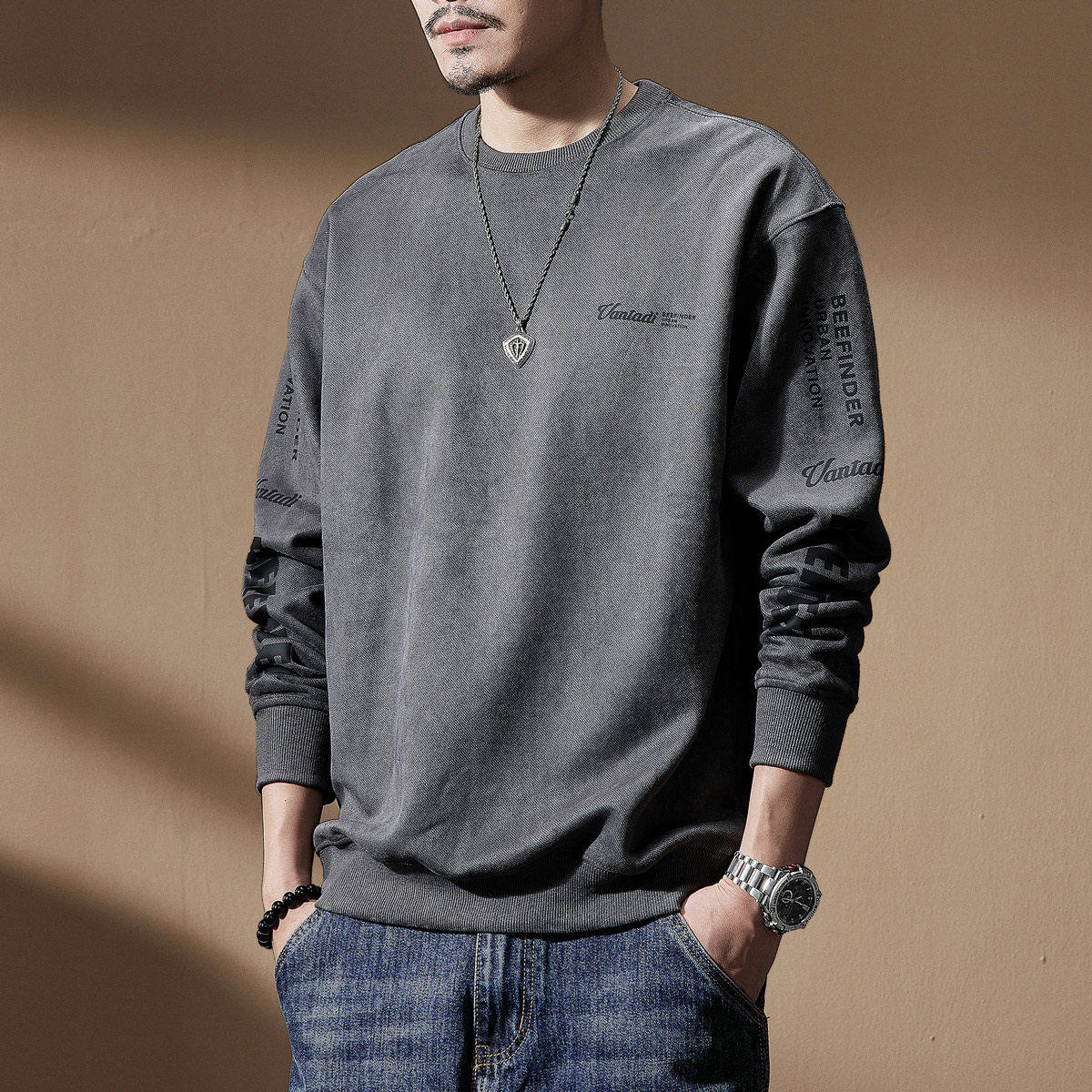 美式软糯舒适麂皮绒卫衣男秋季重磅大码加肥加绒无帽男士长袖上衣