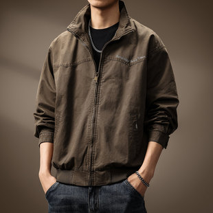 高端美式简约字母刺绣工装夹克男秋季加棉复古水洗宽松重磅外套男