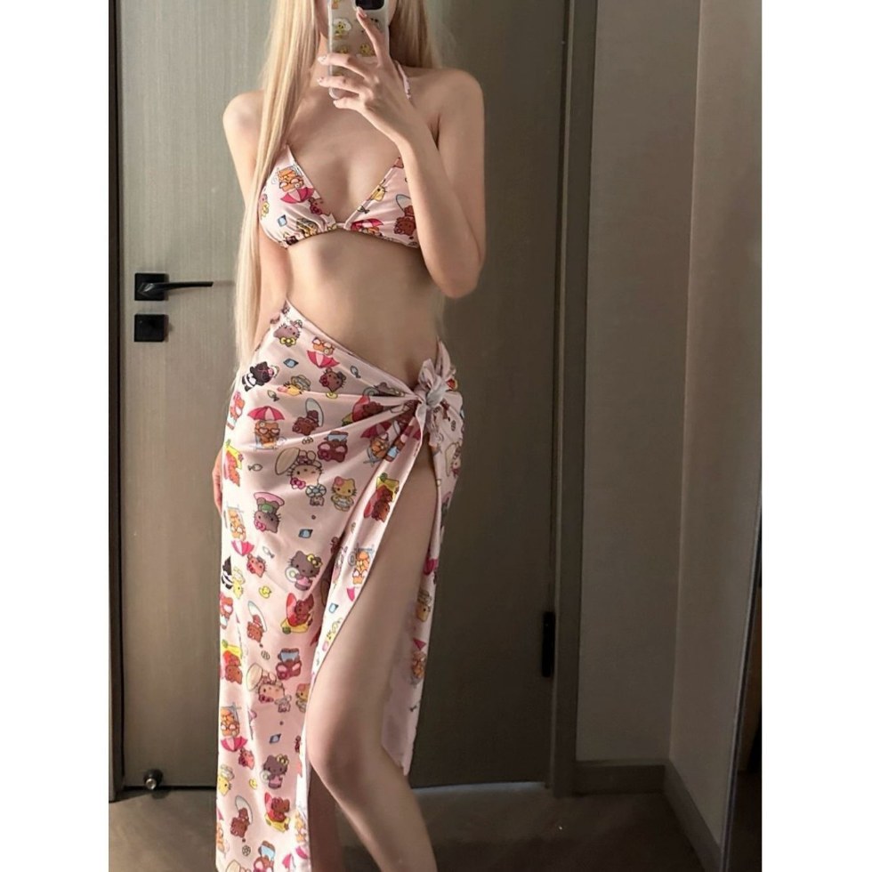多种穿法泰国小众泳衣女ins卡通三点比基尼辣妹绑带裹裙显瘦度假