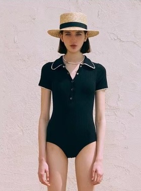女士简约新款连体短袖拼色领证保守运动收腰修身温泉度假泳衣biki