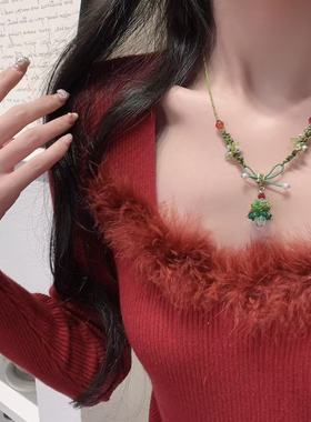 圣诞树吊坠绿色编绳项链耳环女秋冬新款毛衣链小众设计锁骨链套装