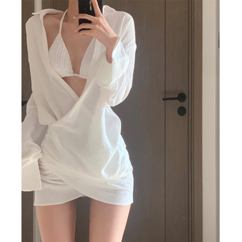 mosricci性感纯欲沙滩衬衫防晒比基尼分体泳衣罩衫长袖温泉度假女