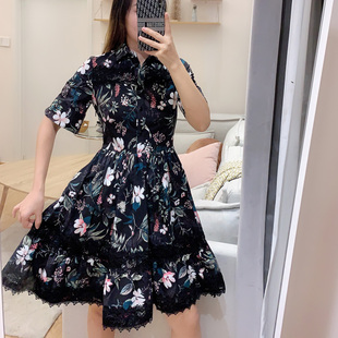 树叶印花  立领衬衫连衣裙2025新款棉短袖显瘦女裙