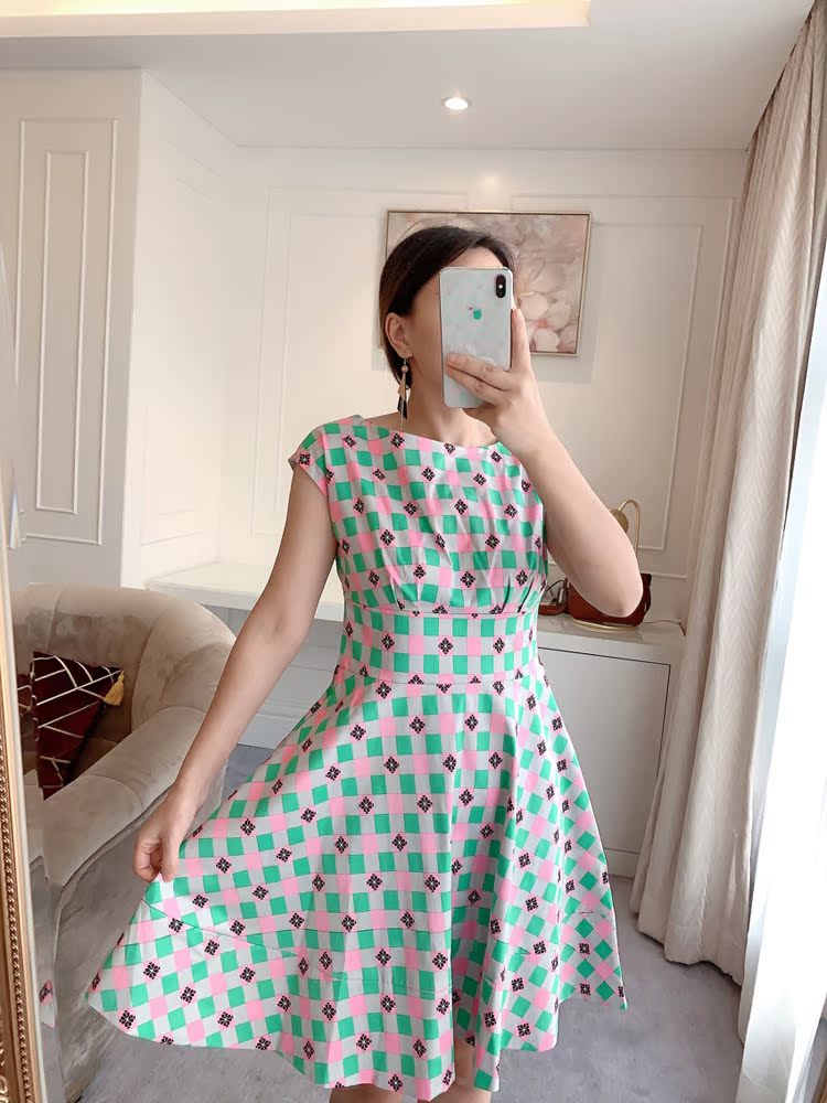 一字领背心裙格子印花短裙棉质气质女神裙显瘦女裙