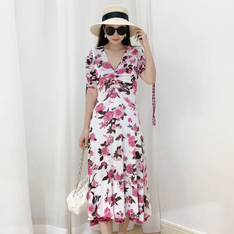 两面穿网纱连衣裙V领短袖弹力修身气质女裙2025新款女装