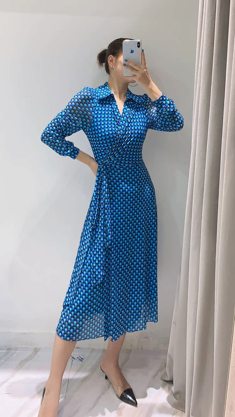 2025新款印花弹力网纱长袖裹身裙一片式显瘦修身气质名媛高档裙子