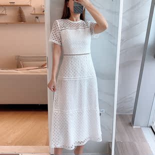 2025新款连衣裙镂空蕾丝气质淑女短袖中长款白色通勤连衣裙