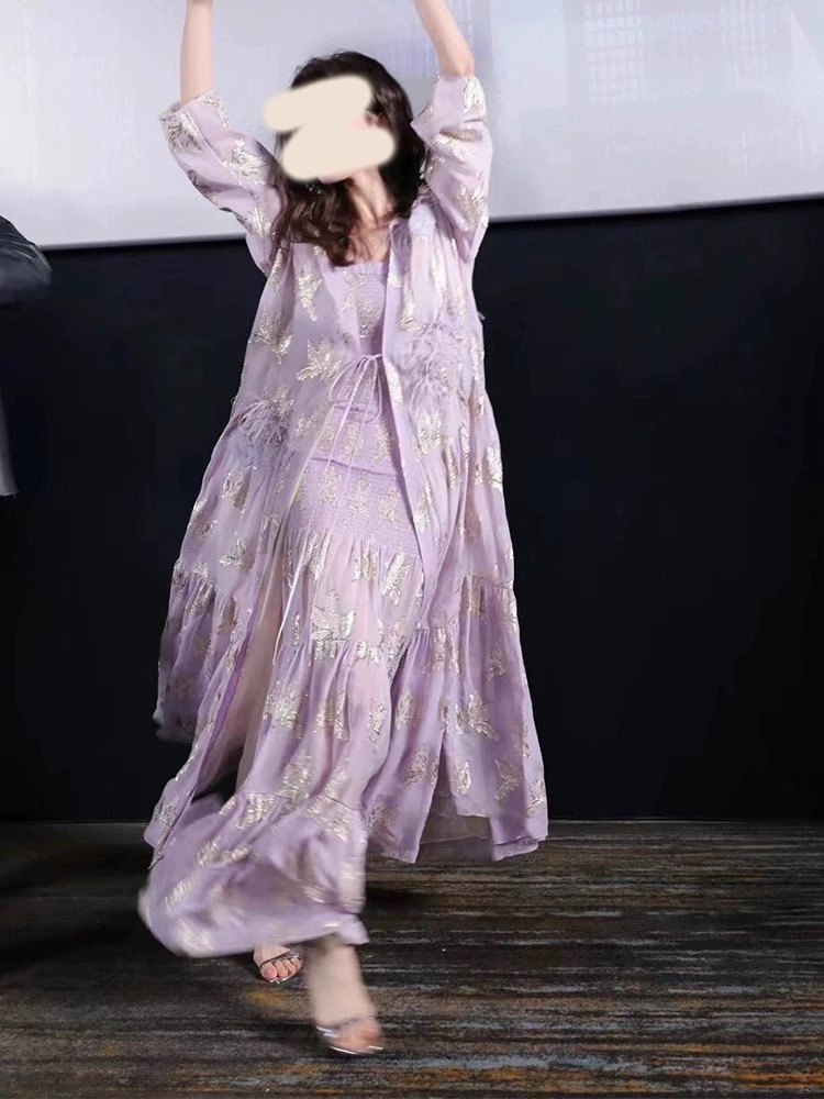 2024钟楚曦同款高级感桑蚕丝真丝烧花紫色连衣裙防晒罩衣开衫长裙