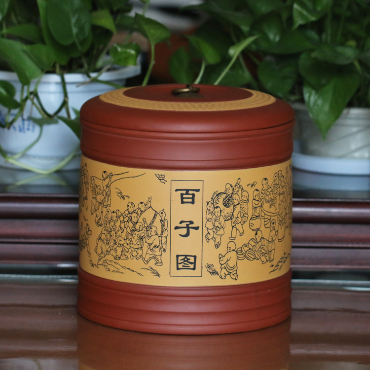 宜兴紫砂茶叶罐普洱七子饼储存罐大号茶桶密封醒茶具器铜扣百子图