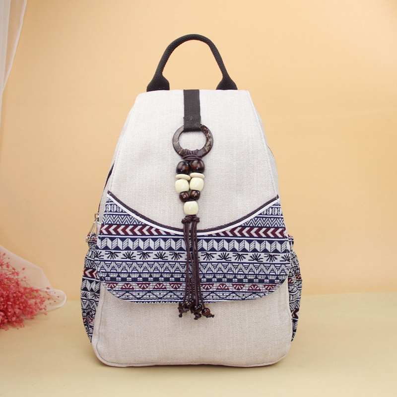 新款民族风双肩包串珠流苏文艺旅行背包布艺百搭简约包复古包5802