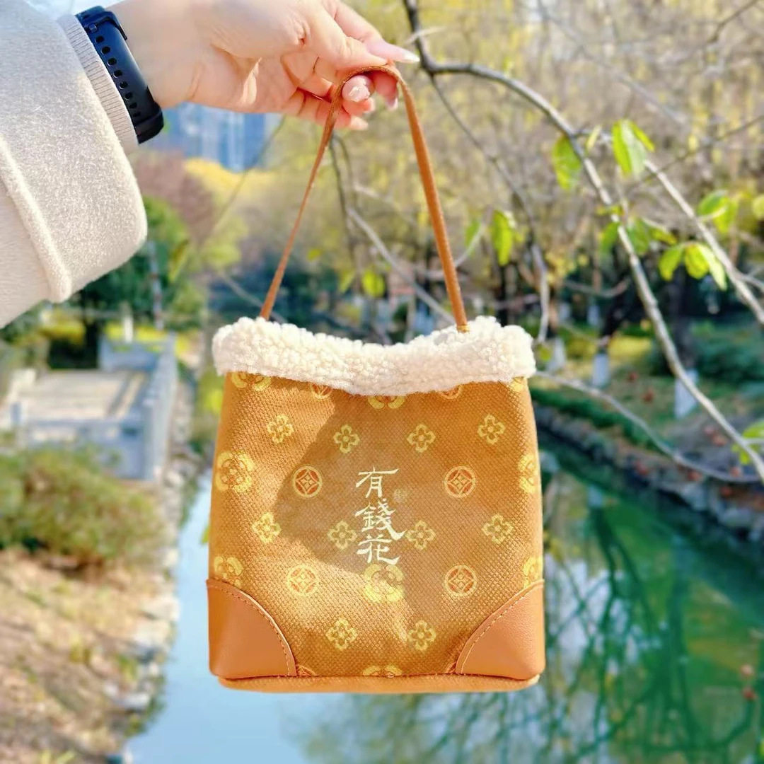 杭州灵隐文创新年限定有钱花金钱袋钱袋子秋冬卡其色毛茸茸手提包