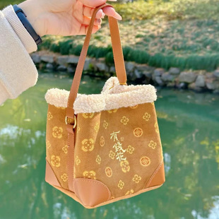 新年限定灵隐文创有钱花金钱袋秋冬卡其色毛茸茸手提包女士百搭