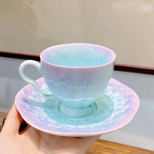 星紫杯高足咖啡杯组渐变紫冰裂纹家用陶瓷杯文创套装礼品批发