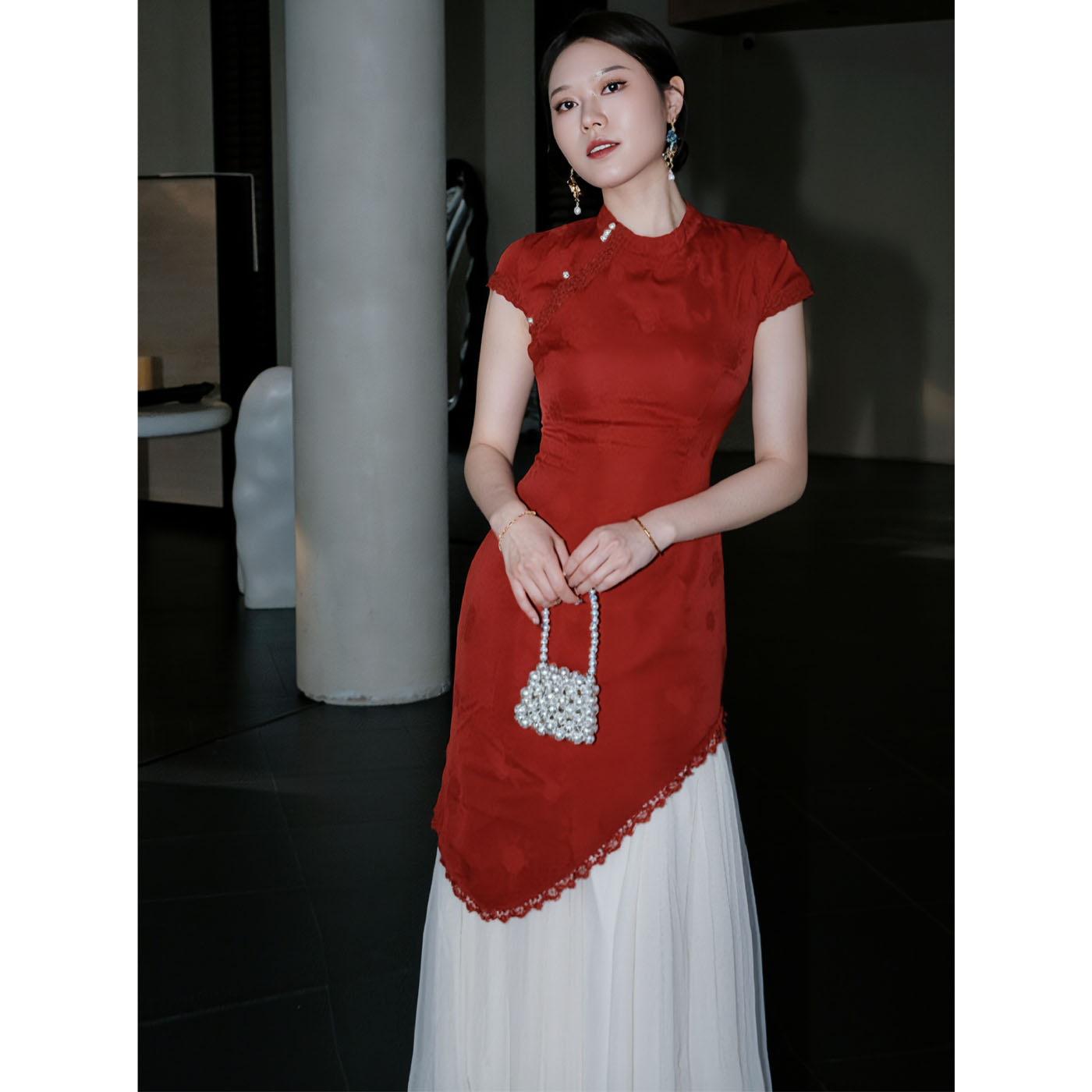 鹿与玫瑰改良红色旗袍连衣裙女