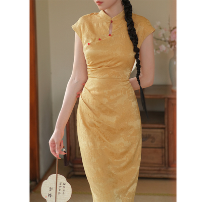 鹿与玫瑰新中式改良短袖旗袍少女气质修身国风法式复古素雅连衣裙