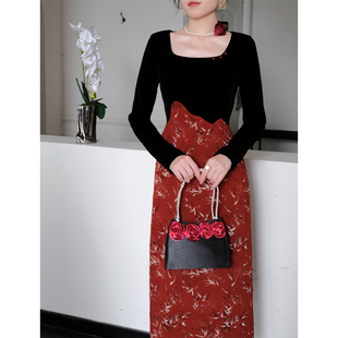 鹿与玫瑰新中式红色连衣裙女国风改良旗袍裙气质拼接长袖礼服裙子