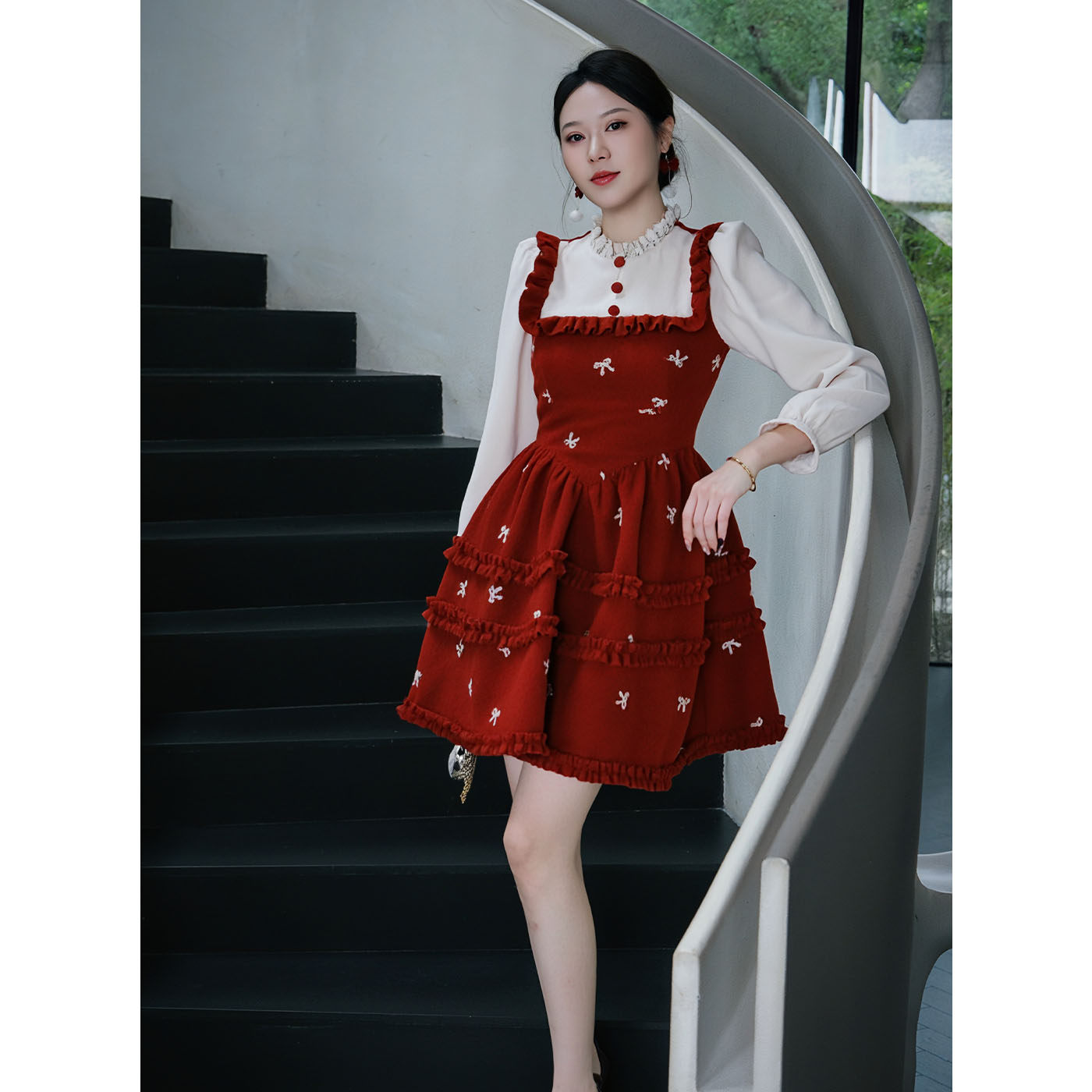 鹿与玫瑰可爱公主拼接红色连衣裙女气质显瘦短裙宴会礼服生日裙子