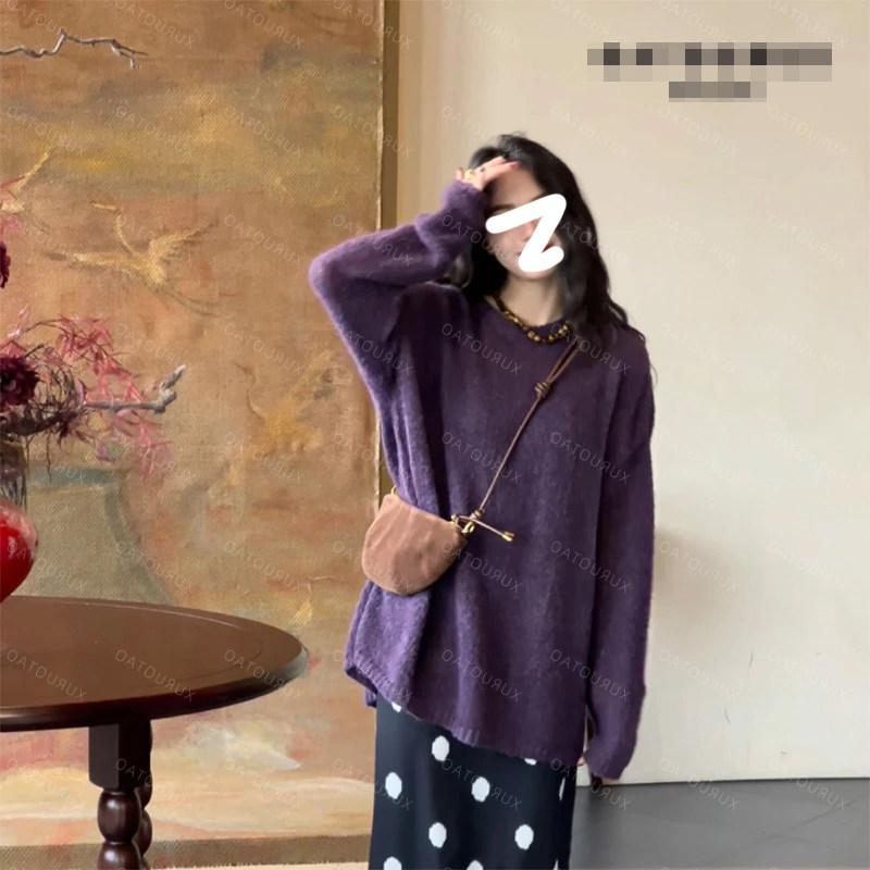 羊毛紫色毛衣套头针织上衣女秋冬