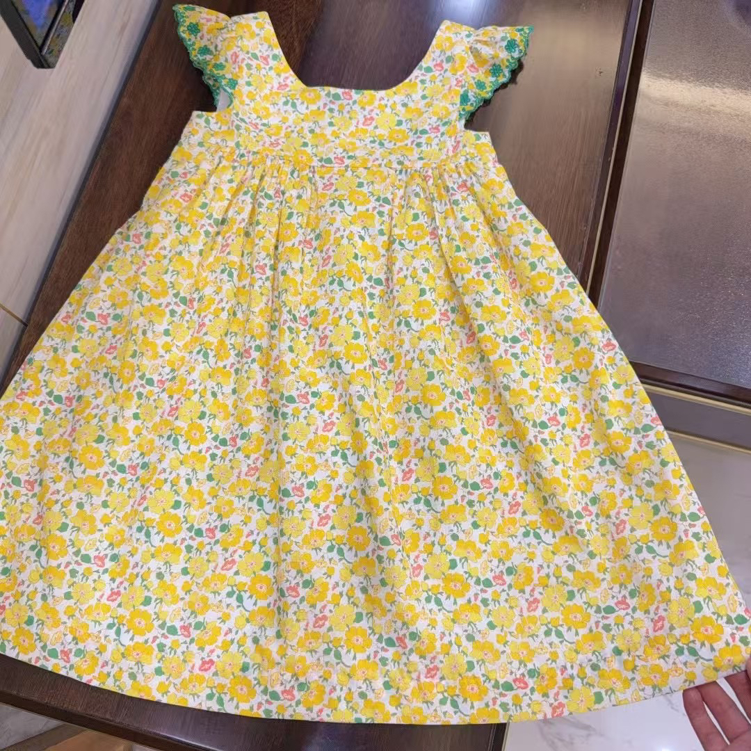 法单童装 2025春夏新款女童连衣裙儿童碎花刺绣飞袖大童裙4-14岁