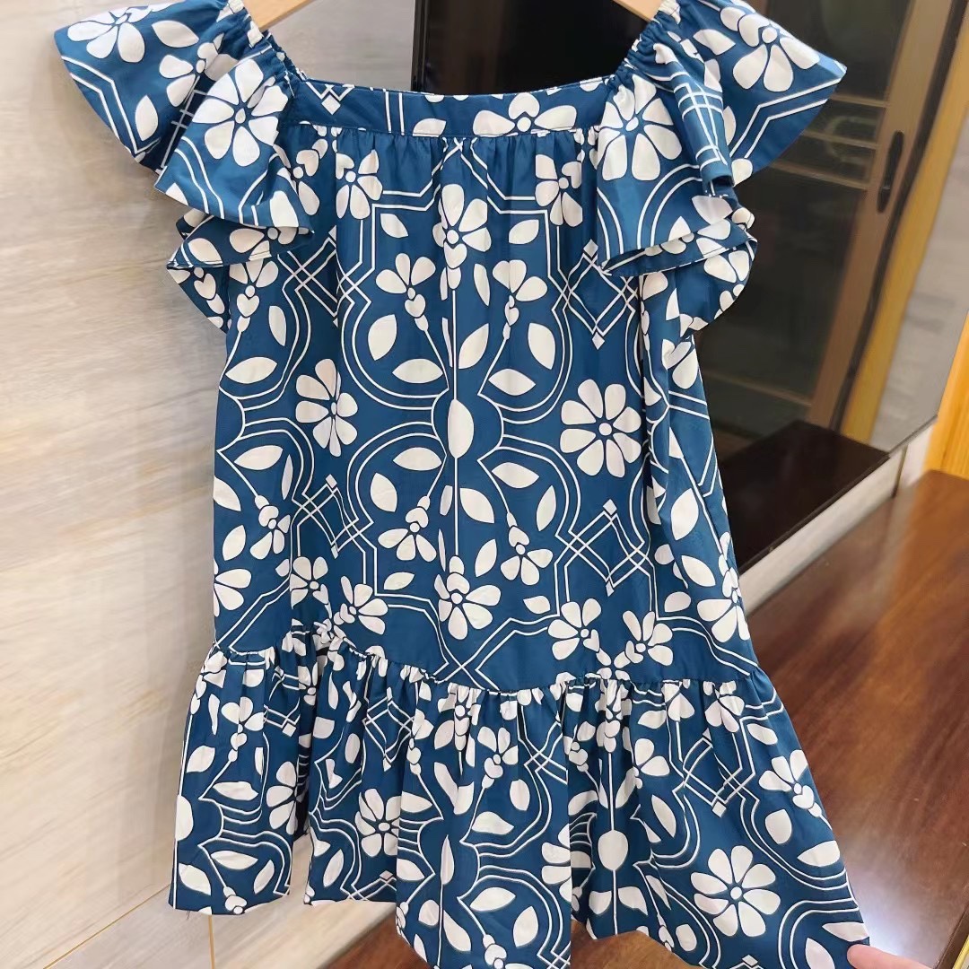 法单童装25藏青色花瓣纯棉飞袖夏季裙子甜美女童公主连衣裙包邮