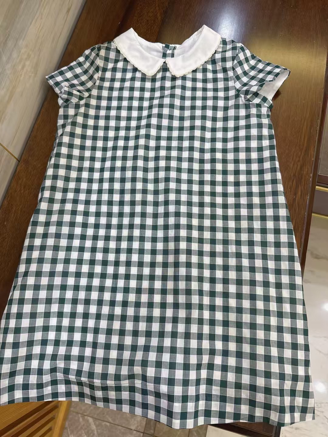 法式童装现货25新款女大童全棉娃娃领连衣裙儿童夏季格子短袖裙子