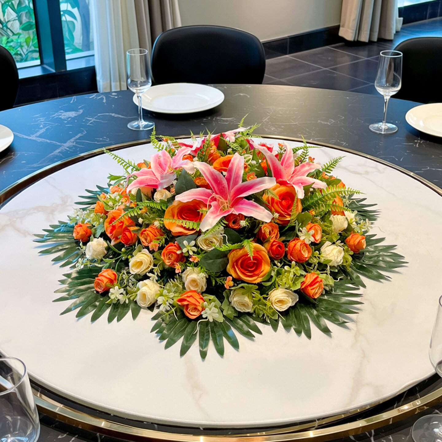 星尘田园玫瑰百合绢花餐桌摆花大圆桌转盘中间装饰花艺套装仿真花