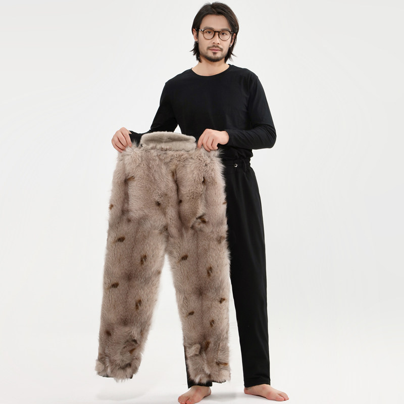 狐狸毛皮毛一体裤子男中老年高腰加绒加厚秋冬季裘皮蓝狐皮草棉裤