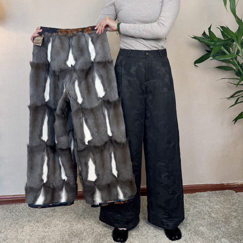 香云纱貂皮高腰皮草桑蚕丝阔腿裤