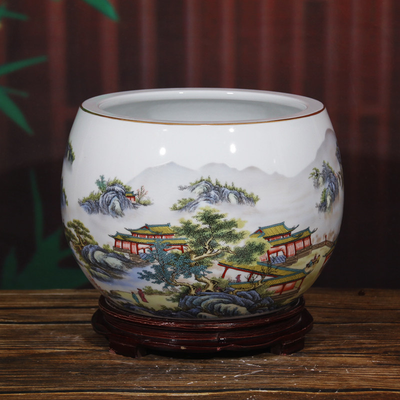 景德镇陶瓷粉彩聚宝盆养金鱼缸中式家居客厅书房办公室装饰摆件
