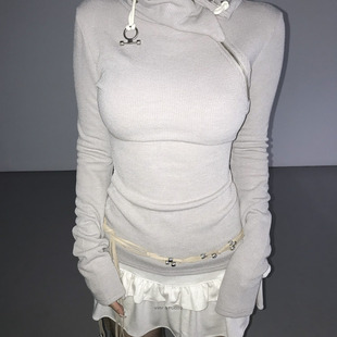 设计抽绳半高领拉链开口修身 韩国个性 螺纹上衣tee type Exclusive