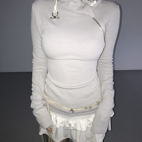 Exclusive type 韩国个性设计抽绳半高领拉链开口修身螺纹上衣tee