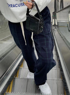 Exclusive 韩国小众简约灯芯绒深蓝色格子抽绳纽扣直筒休闲长裤女