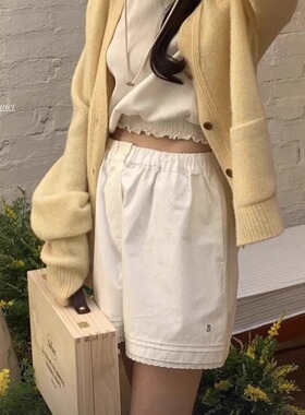 Exclusive type 韩国夏季松紧高腰花边拼接白色休闲裤短裤女热裤