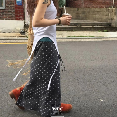Exclusive type 日系复古波点后开叉设计松紧腰百搭休闲半身长裙