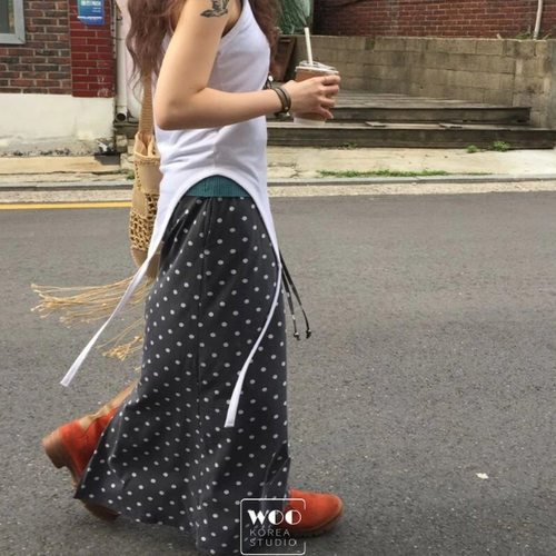 Exclusive type 日系复古波点后开叉设计松紧腰百搭休闲半身长裙