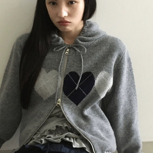 爱心菱格设计百搭宽松连帽毛衣开衫 韩国街头个性 type Exclusive