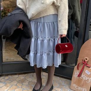 Exclusive type韩国小众设计气质蕾丝花边拼接百搭高腰抽绳半身裙
