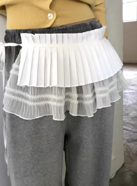 Exclusive type 韩国个性设计气质叠穿蕾丝网纱双层叠式百褶屁帘