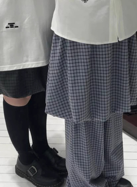 Exclusive type 日系街头复古撞色格纹设计松紧腰高腰裙裤两件套