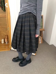 Exclusive 复古格纹百搭显瘦百褶中长休闲滑面半身裙 type韩国个性