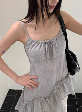 Exclusive type 韩国小众设计不规则荷叶边打褶松紧绑带吊带背心