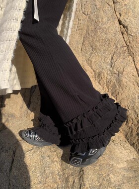 Exclusive type 韩国个性设计复古裤脚花边螺纹百搭微喇叭休闲裤