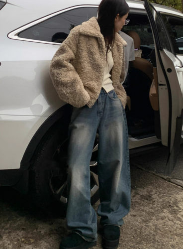 设计口袋高腰显瘦阔腿牛仔裤