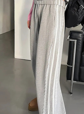 Exclusive type韩国小众复古蕾丝花边拼接织带松紧腰运动休闲卫裤