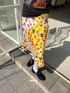 Exclusive 半身裙 小众青春减龄拼色多色小花朵印花后松紧腰中长款