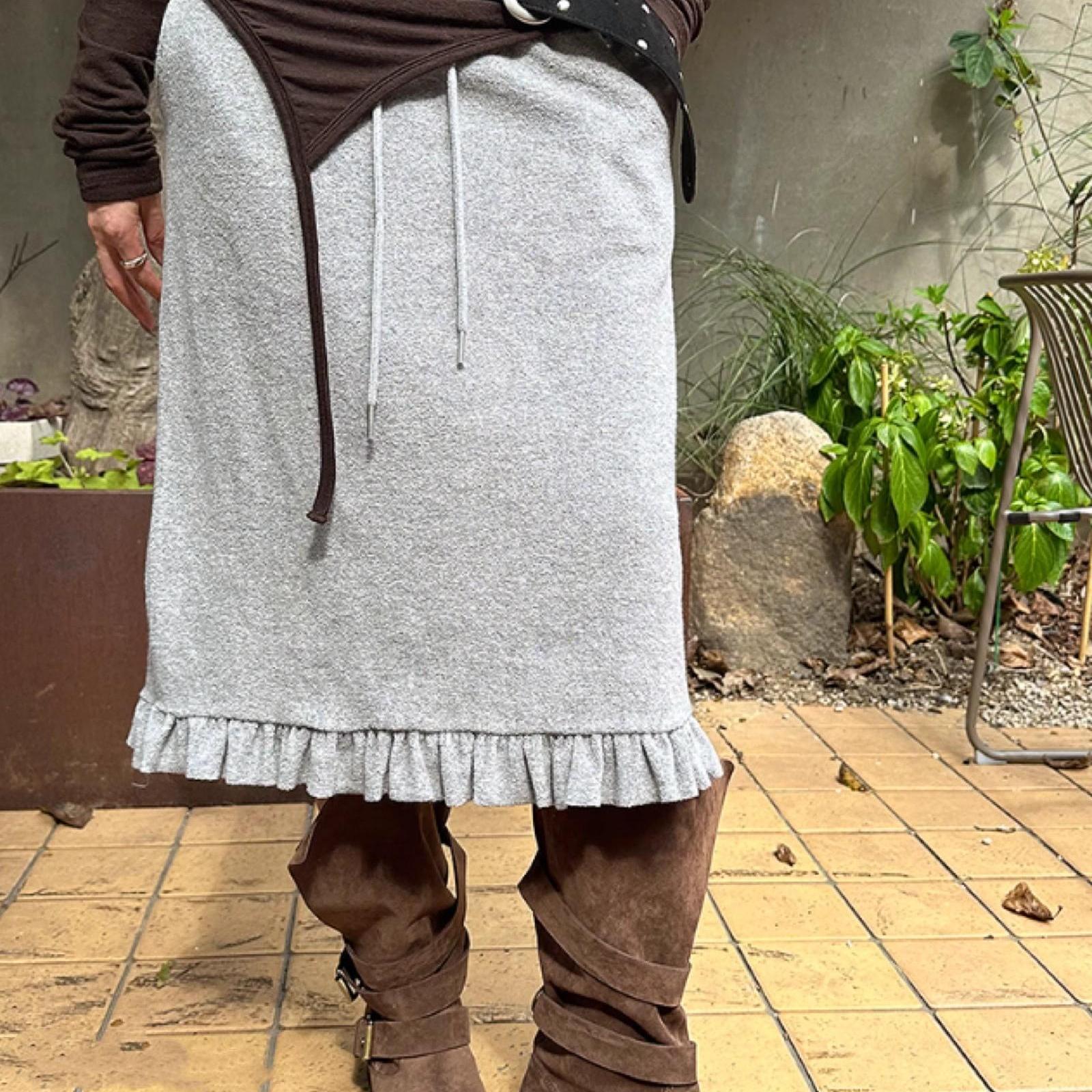 花边拼接设计抽绳毛巾面料半身裙