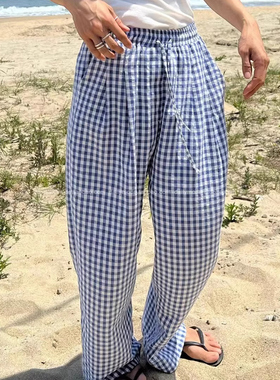 Exclusive type 夏季新款简约休闲蓝色格纹抽绳松紧腰直筒休闲裤