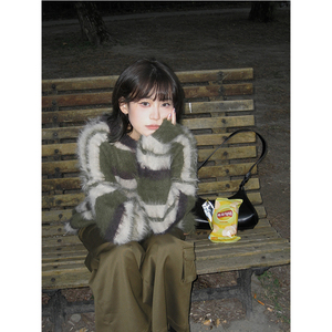 Exclusive type 条纹马海毛毛衣外套女ins潮休闲复古宽松显瘦上衣