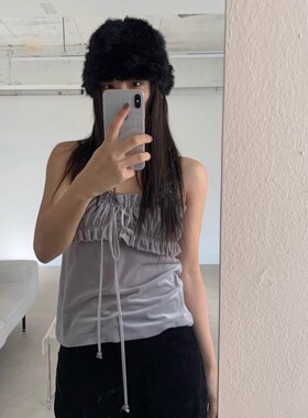 Exclusive type 韩国小众复古丝绒木耳花边系带蝴蝶结吊带背心女