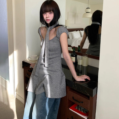 围巾露肩百搭无袖连衣裙两件套